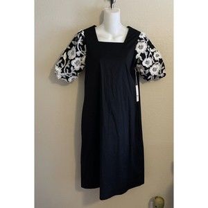 Chicos Dress Midi Size 00 XS PocketEmbroidered Balloon Sleeve Black Cotton $158